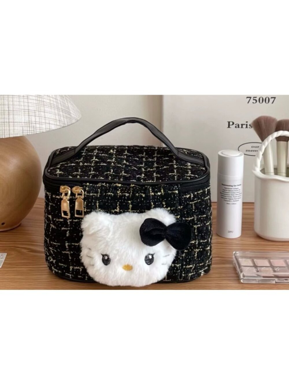 Hello Kitty Plush Bow Black & Gold Tweed Cosmetic Bag – Large Travel Makeup Case